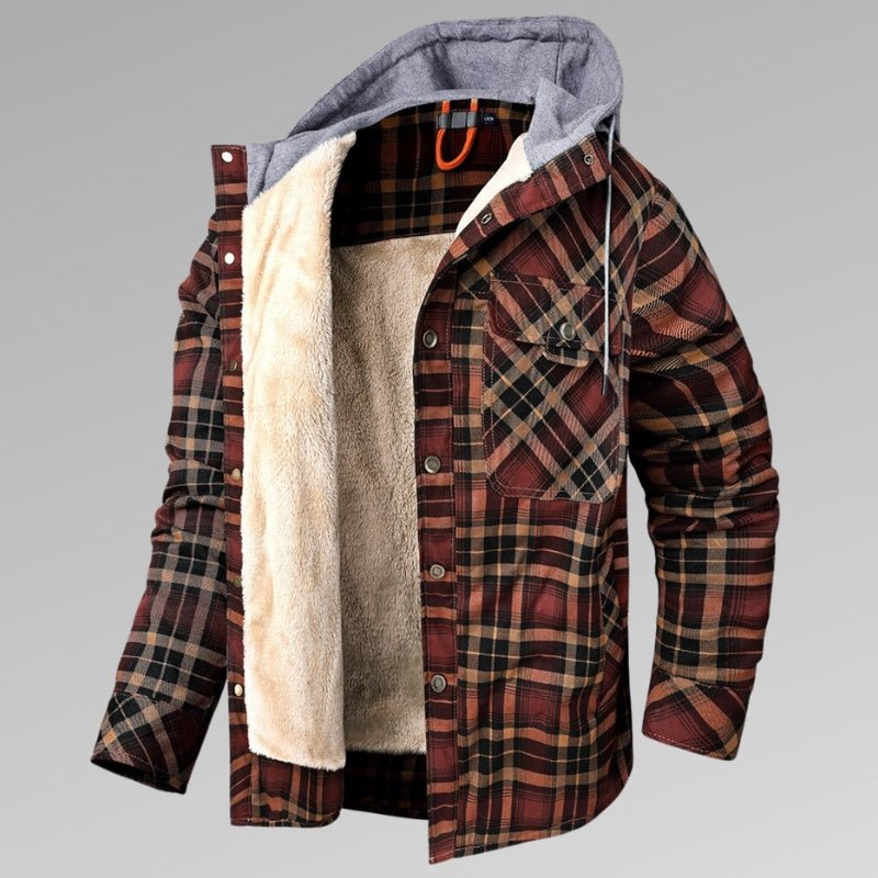 Men's Long Sleeve Velvet Thickened Hooded Plaid Shirt Coat - PratSN
