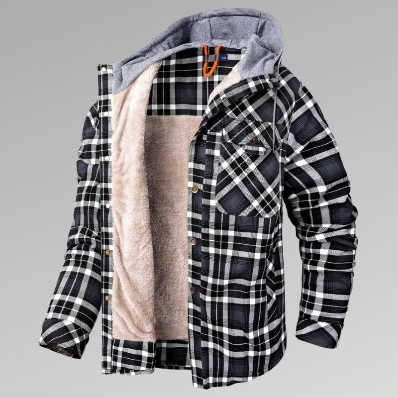 Men's Long Sleeve Velvet Thickened Hooded Plaid Shirt Coat - PratSN