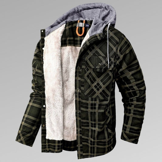 Men's Long Sleeve Velvet Thickened Hooded Plaid Shirt Coat - PratSN