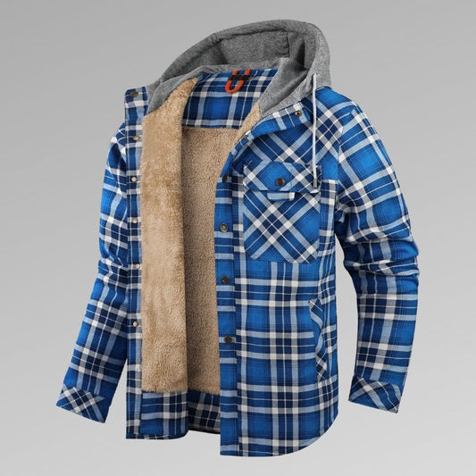 Men's Long Sleeve Velvet Thickened Hooded Plaid Shirt Coat - PratSN