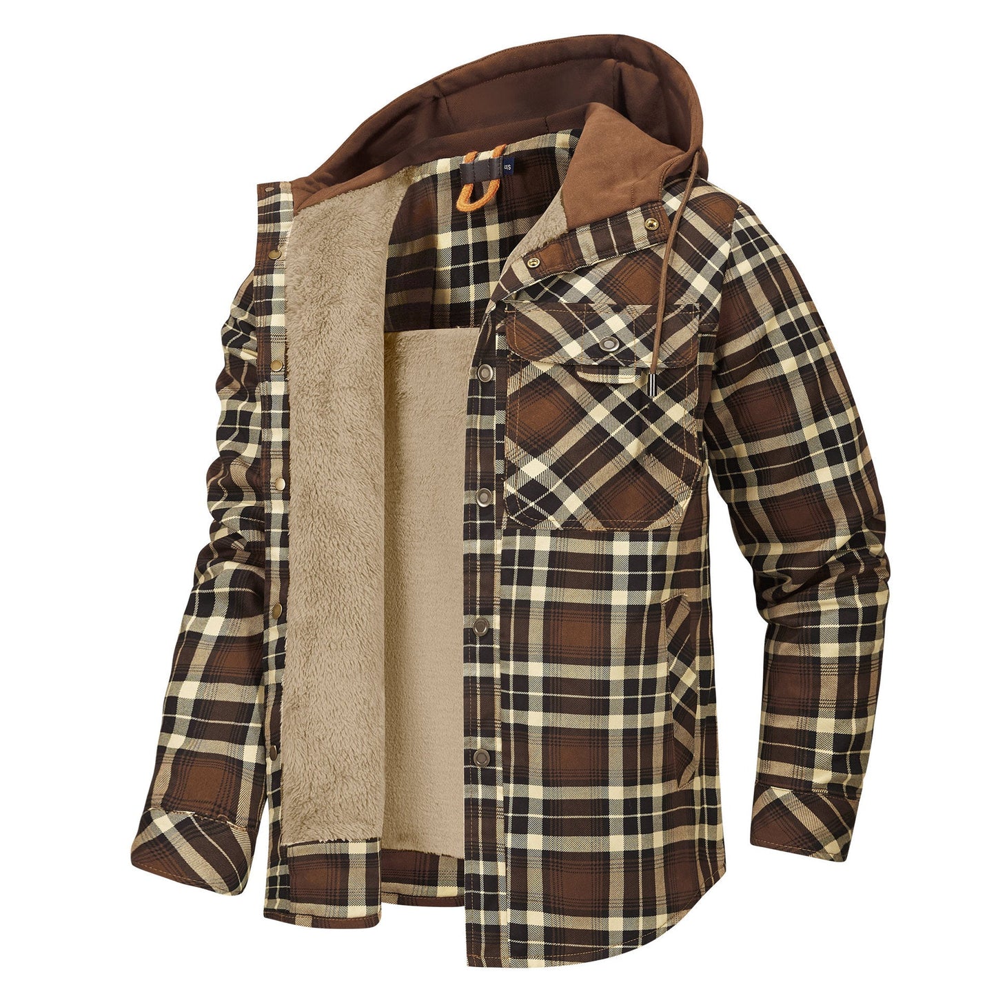 Men's Long Sleeve Velvet Thickened Hooded Plaid Shirt Coat - PratSN