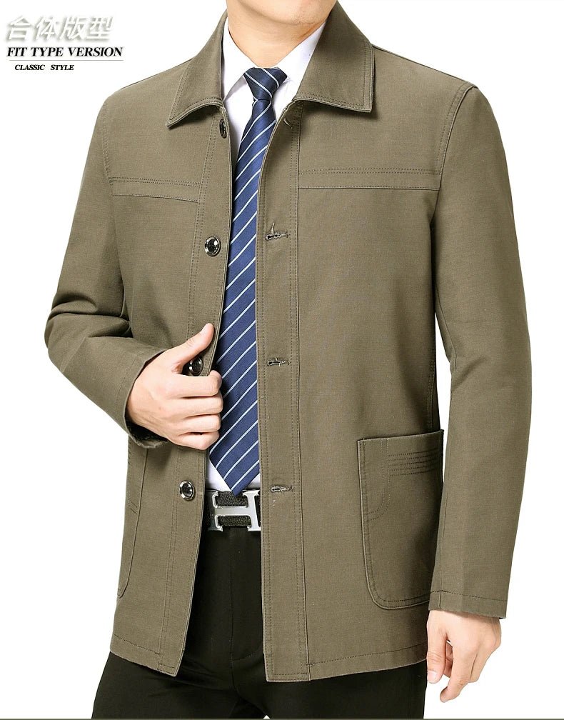 Men's Middle - Aged Cotton Jacket Spring Autumn Lapel Trench Coat Large Size with Buttons Fashionable Classic Outerwear - PratSN