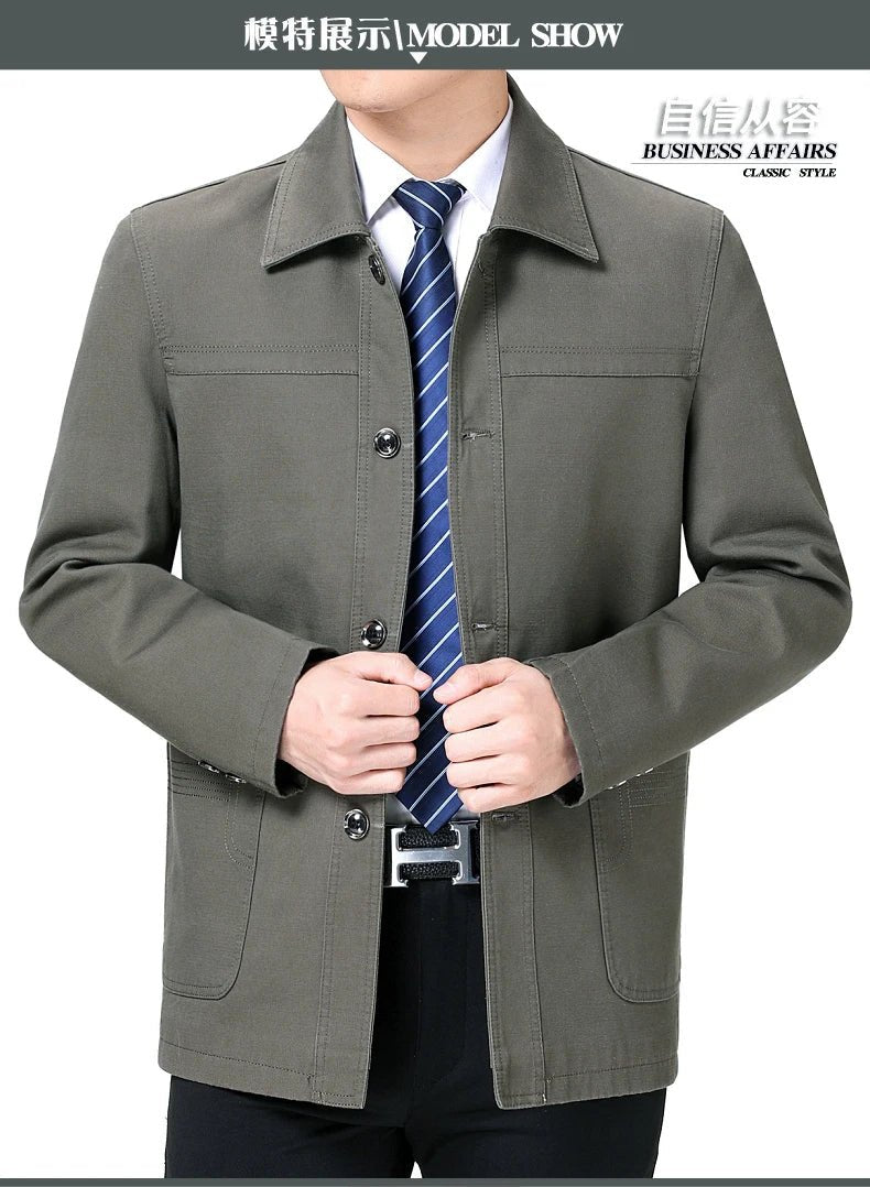 Men's Middle - Aged Cotton Jacket Spring Autumn Lapel Trench Coat Large Size with Buttons Fashionable Classic Outerwear - PratSN