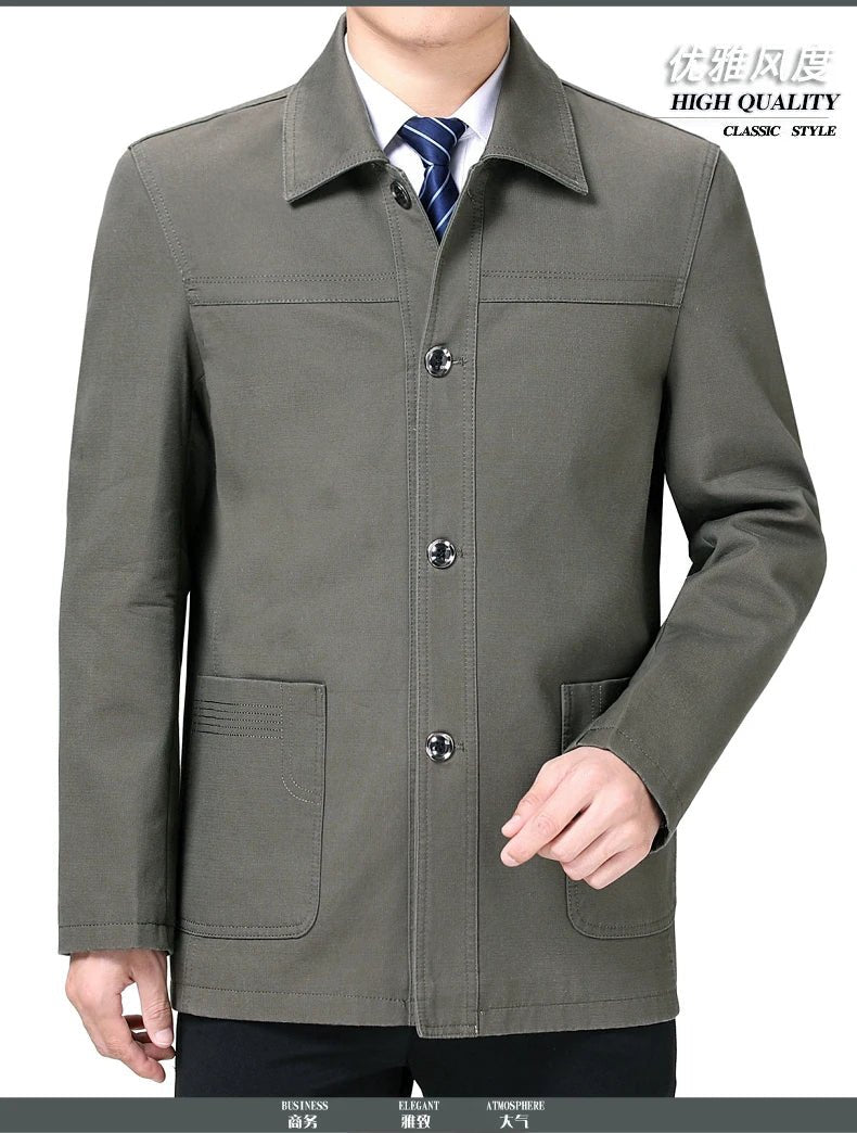 Men's Middle - Aged Cotton Jacket Spring Autumn Lapel Trench Coat Large Size with Buttons Fashionable Classic Outerwear - PratSN