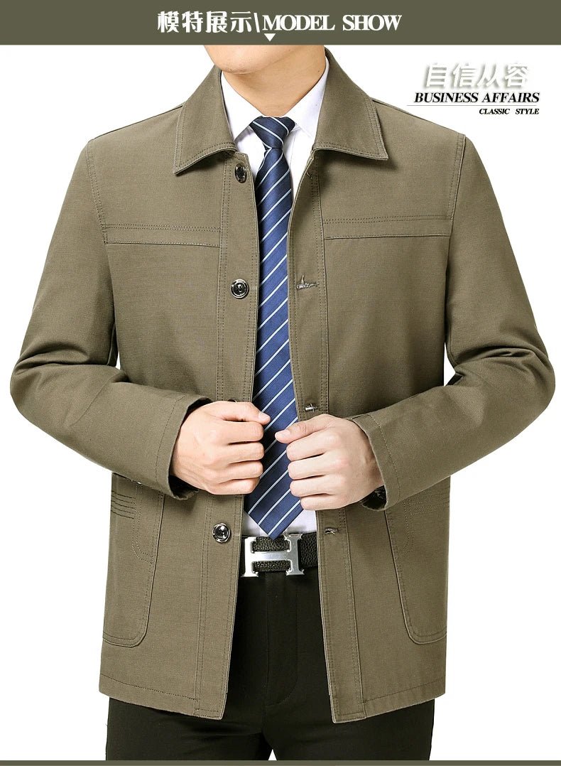 Men's Middle - Aged Cotton Jacket Spring Autumn Lapel Trench Coat Large Size with Buttons Fashionable Classic Outerwear - PratSN