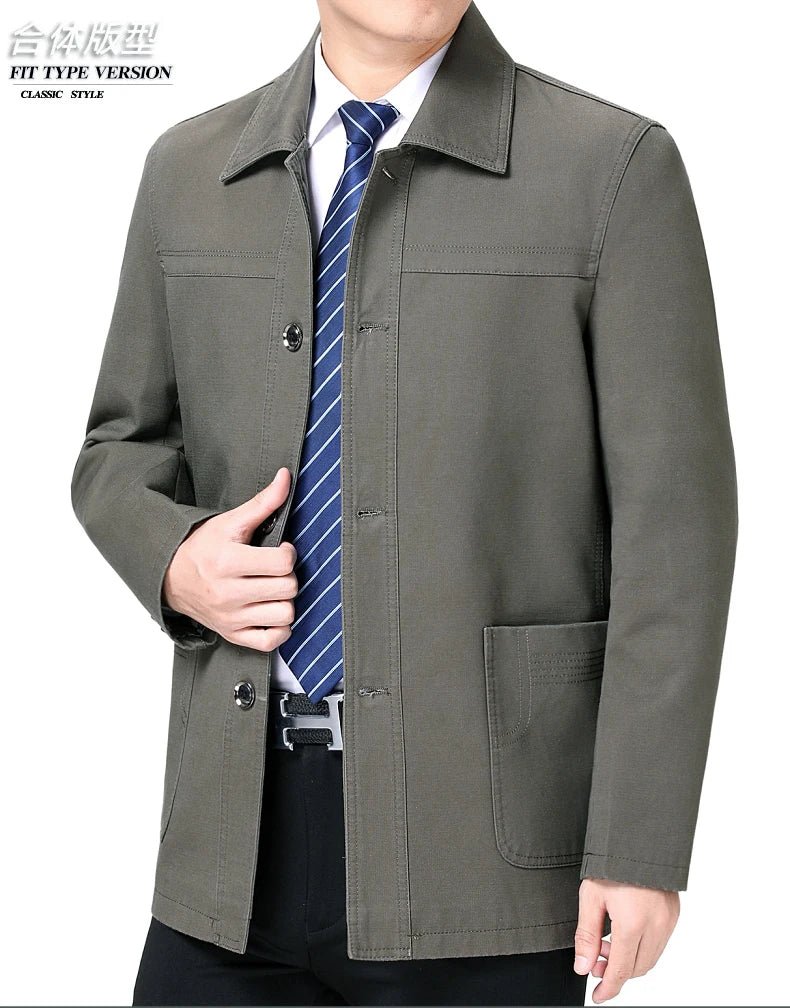 Men's Middle - Aged Cotton Jacket Spring Autumn Lapel Trench Coat Large Size with Buttons Fashionable Classic Outerwear - PratSN