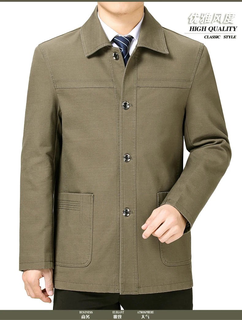 Men's Middle - Aged Cotton Jacket Spring Autumn Lapel Trench Coat Large Size with Buttons Fashionable Classic Outerwear - PratSN