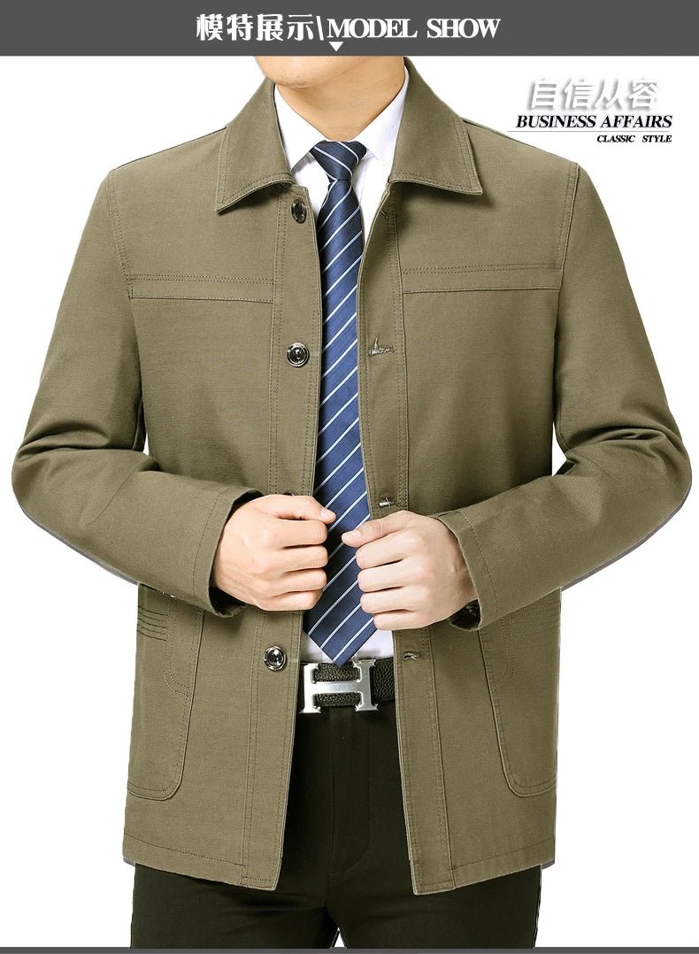 Men's Middle - Aged Cotton Jacket Spring Autumn Lapel Trench Coat Large Size with Buttons Fashionable Classic Outerwear - PratSN