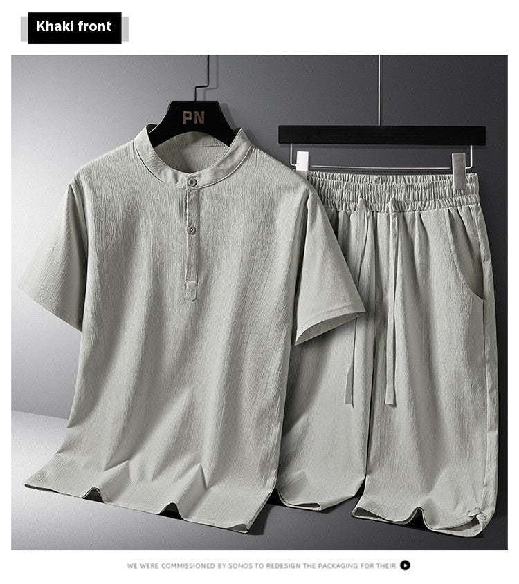 Men's National Style Cotton And Linen Casual Shorts Short Sleeve Two - piece Set - PratSN