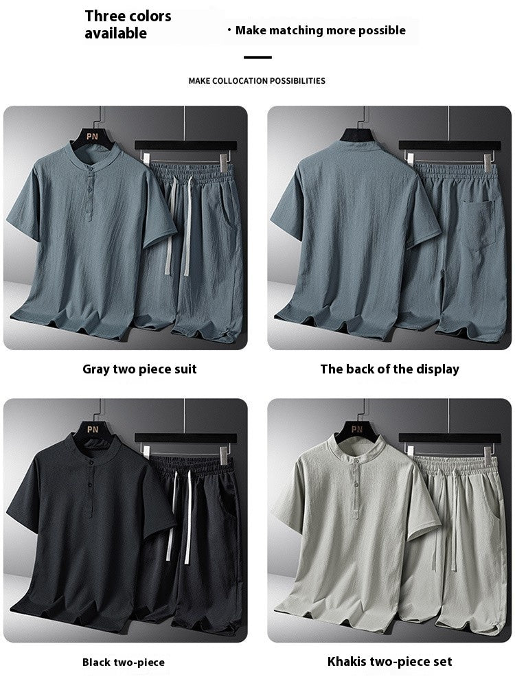 Men's National Style Cotton And Linen Casual Shorts Short Sleeve Two - piece Set - PratSN