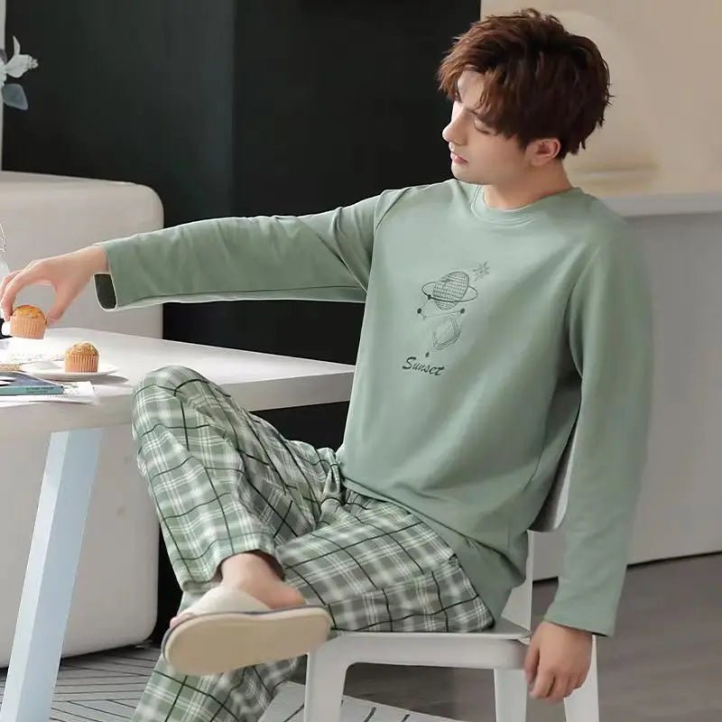 Men‘s Pajama Set Long Sleeve Black Striped Spring and Summer Youth Student Nightwear Loungewear Two Piece Set Sleepwear Homewear - PratSN