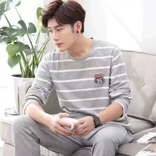 Men‘s Pajama Set Long Sleeve Black Striped Spring and Summer Youth Student Nightwear Loungewear Two Piece Set Sleepwear Homewear - PratSN
