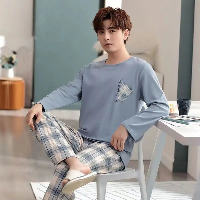 Men‘s Pajama Set Long Sleeve Black Striped Spring and Summer Youth Student Nightwear Loungewear Two Piece Set Sleepwear Homewear - PratSN