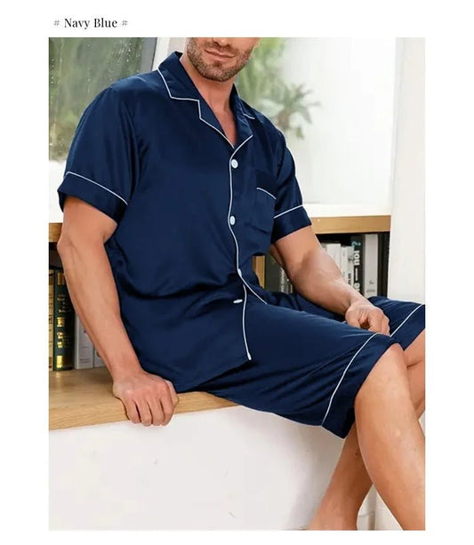 Men's Pajama Set Summer Satin Casual Homeware Suit Breathable Thin Short - sleeved Shorts - PratSN