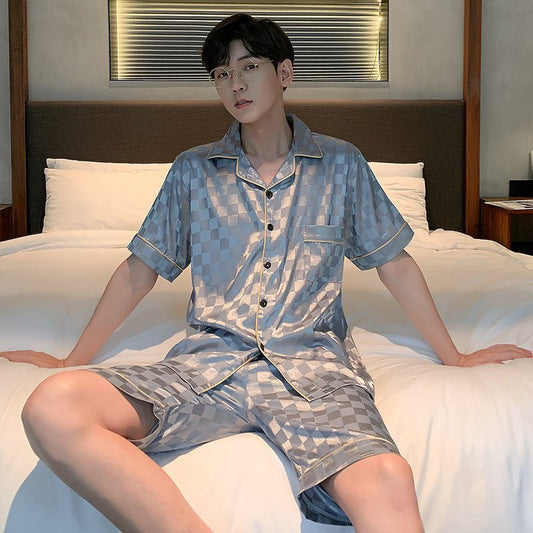 Men's Pajamas Summer Silk Thin Short Sleeve Plus Size Loose Real Silk Homewear Suit - PratSN