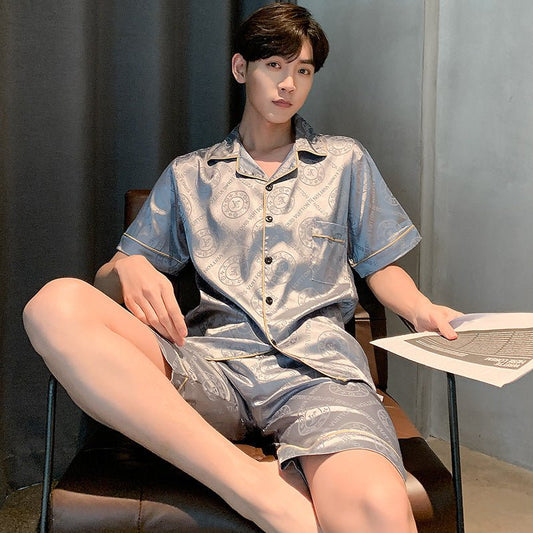 Men's Pajamas Summer Silk Thin Short Sleeve Plus Size Loose Real Silk Homewear Suit - PratSN