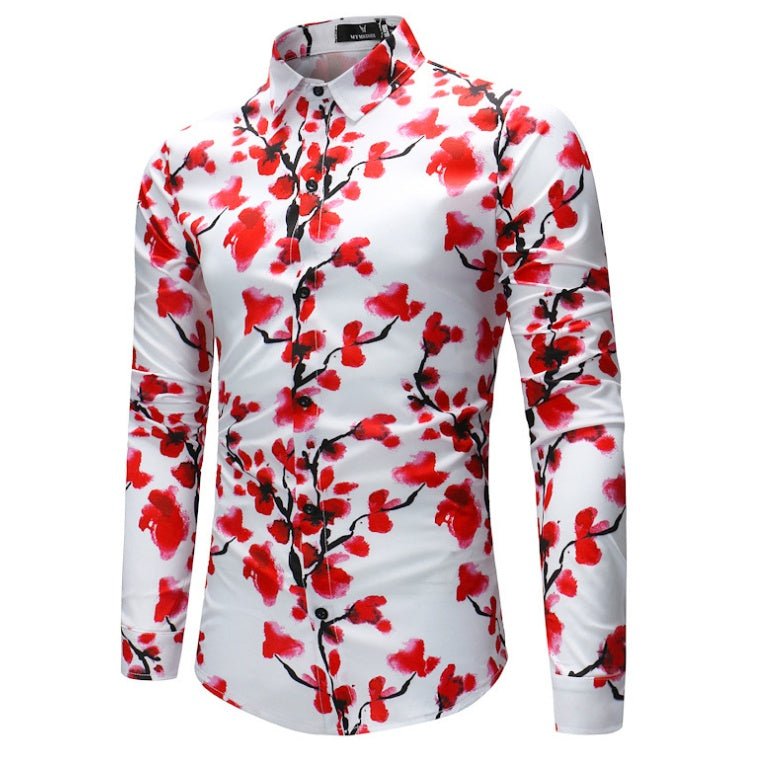 Men's Plum Blossom Shirt Unique Print Floral Shirt Slim Casual Soft Comfort Long Sleeve Shirt - PratSN