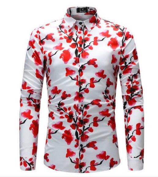 Men's Plum Blossom Shirt Unique Print Floral Shirt Slim Casual Soft Comfort Long Sleeve Shirt - PratSN