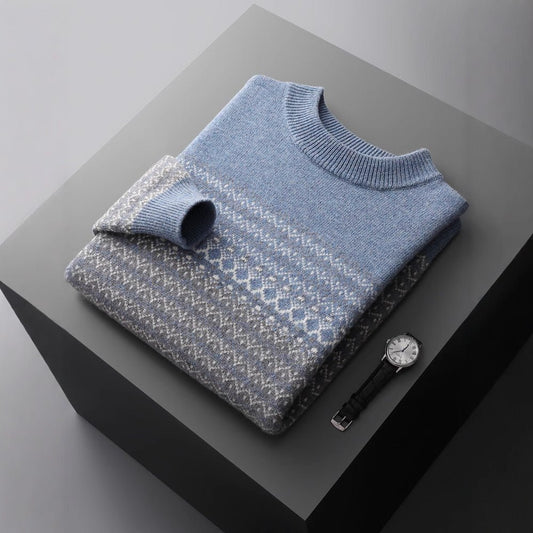 Men's Pure Wool Sweater Loose - fitting Casual Round - neck Color Matching - PratSN