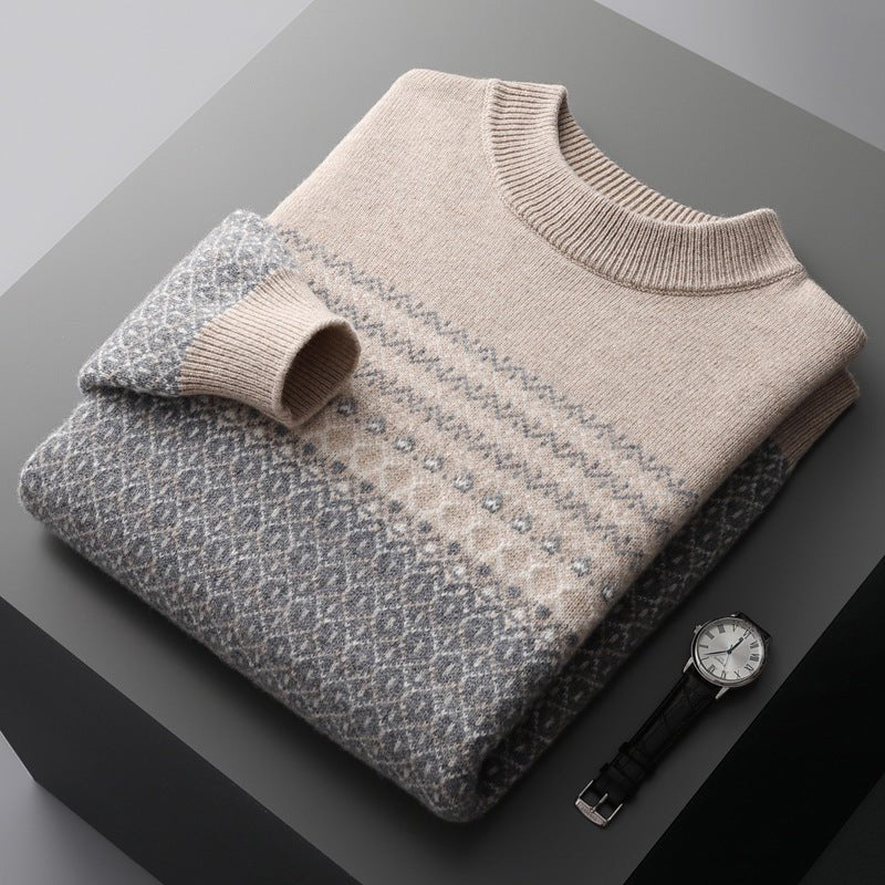 Men's Pure Wool Sweater Loose - fitting Casual Round - neck Color Matching - PratSN