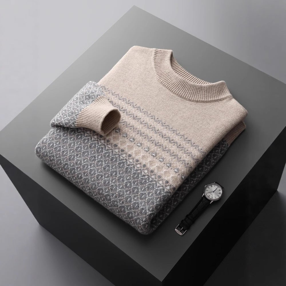 Men's Pure Wool Sweater Loose - fitting Casual Round - neck Color Matching - PratSN