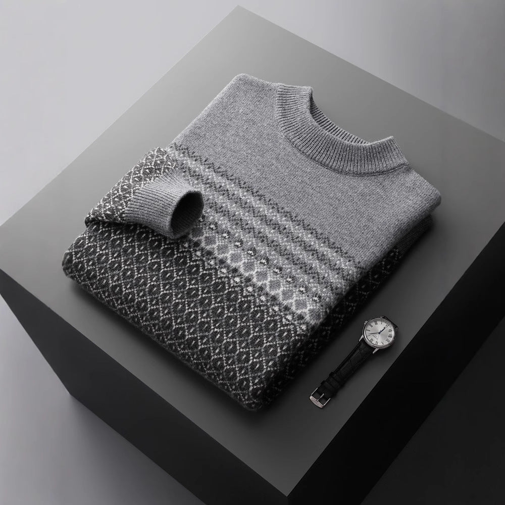 Men's Pure Wool Sweater Loose - fitting Casual Round - neck Color Matching - PratSN