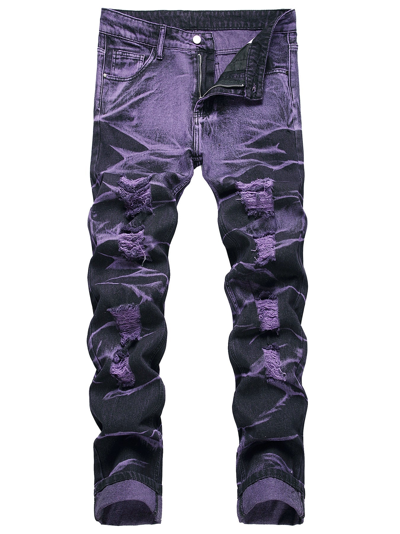 Men's Purple And Black Fried Ripped Denim Trousers - PratSN