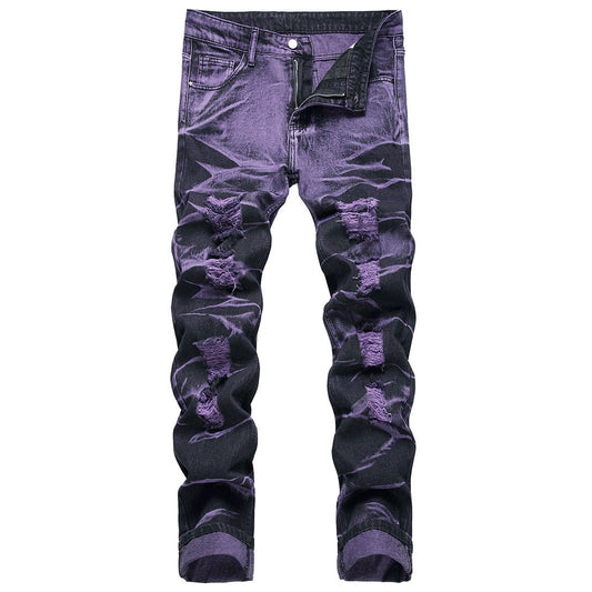 Men's Purple And Black Fried Ripped Denim Trousers - PratSN