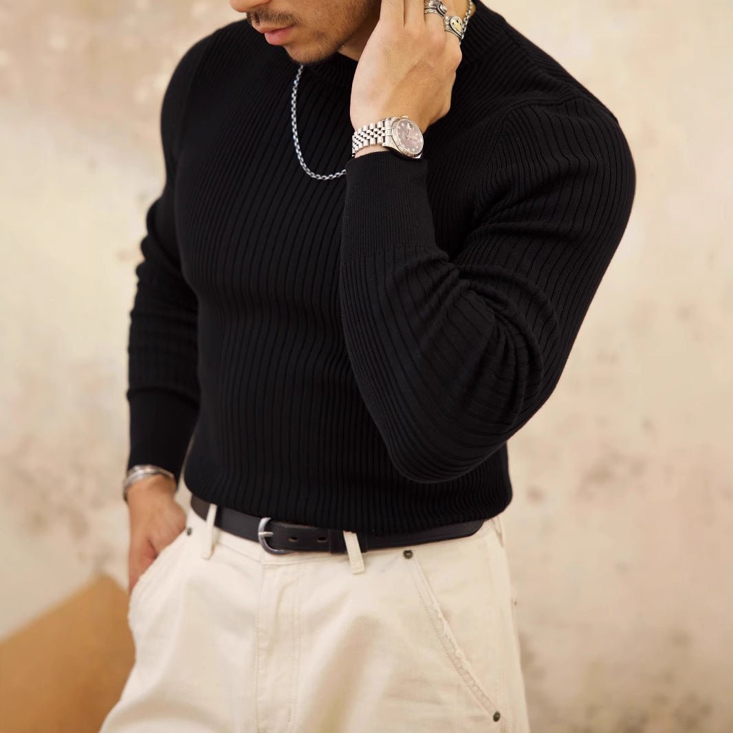 Men's Round Neck Solid Color Striped Long - sleeved Sweater Autumn And Winter - PratSN