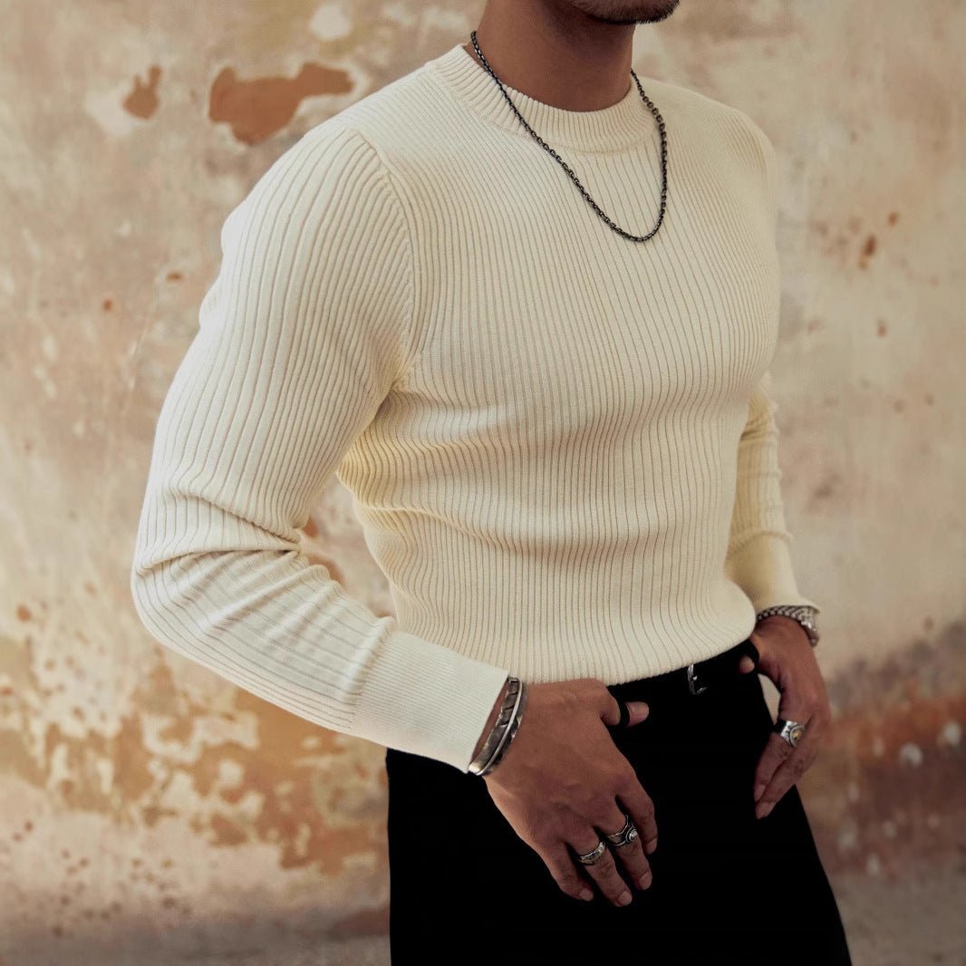 Men's Round Neck Solid Color Striped Long - sleeved Sweater Autumn And Winter - PratSN
