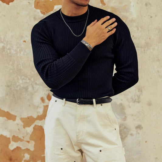 Men's Round Neck Solid Color Striped Long - sleeved Sweater Autumn And Winter - PratSN