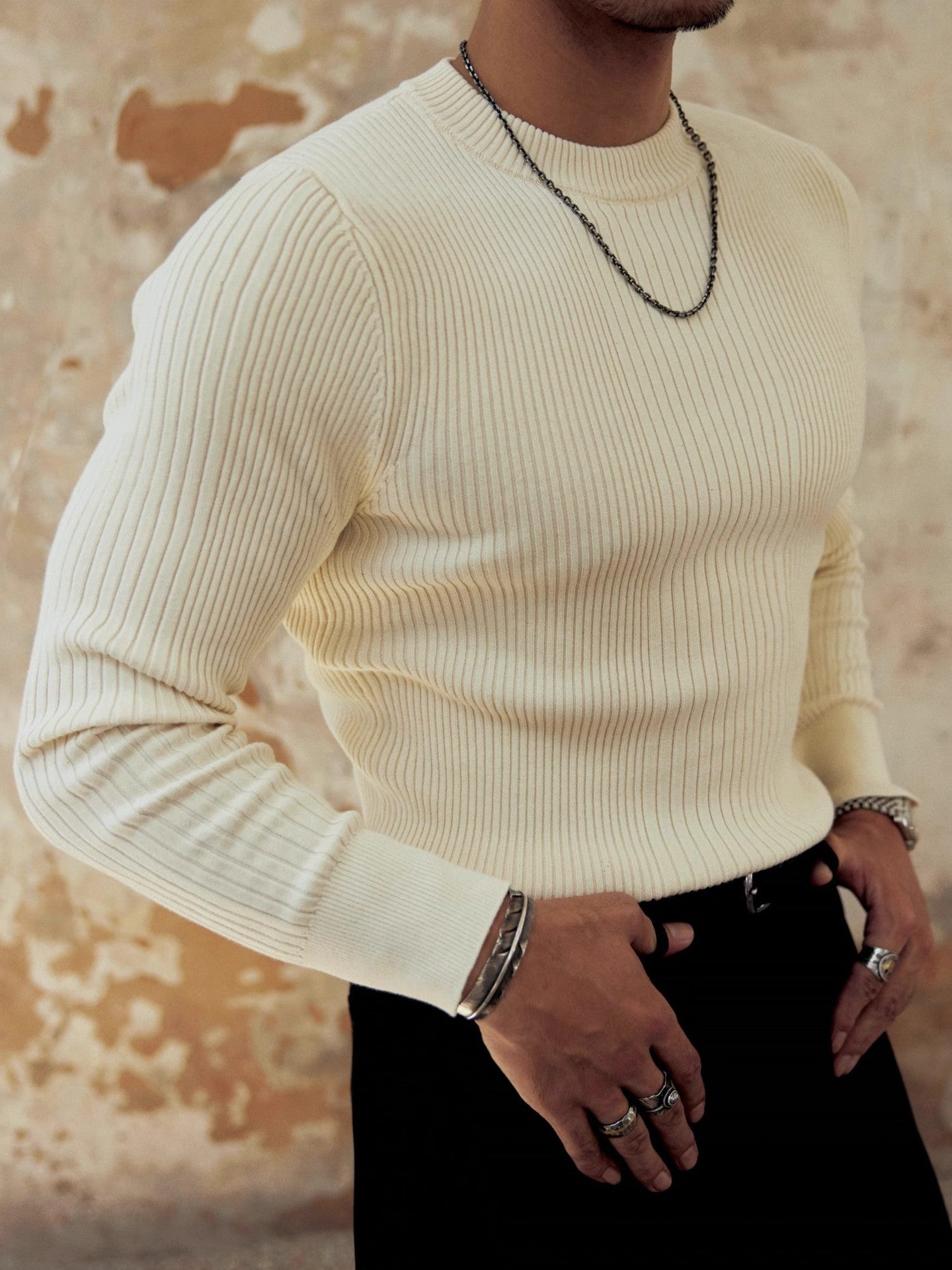 Men's Round Neck Solid Color Striped Long - sleeved Sweater Autumn And Winter - PratSN