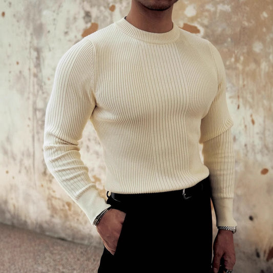 Men's Round Neck Solid Color Striped Long - sleeved Sweater Autumn And Winter - PratSN