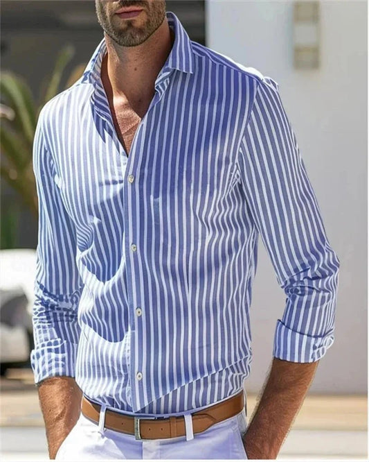 Men's Shirt Button Shirt Casual Shirt Black Red Blue Long Sleeve Striped Lapel Daily Vacation Wear Fashion Casual Tops Shirt - PratSN