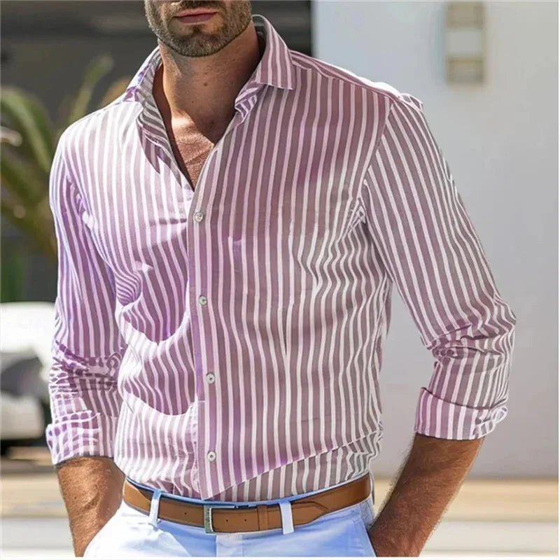 Men's Shirt Button Shirt Casual Shirt Black Red Blue Long Sleeve Striped Lapel Daily Vacation Wear Fashion Casual Tops Shirt - PratSN