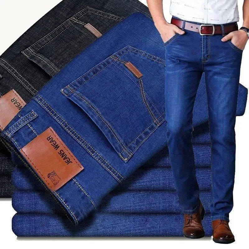 Men's Slim Fit Stretch Business Jeans Classic Casual Denim Pants Black Blue Fashion Trousers - PratSN