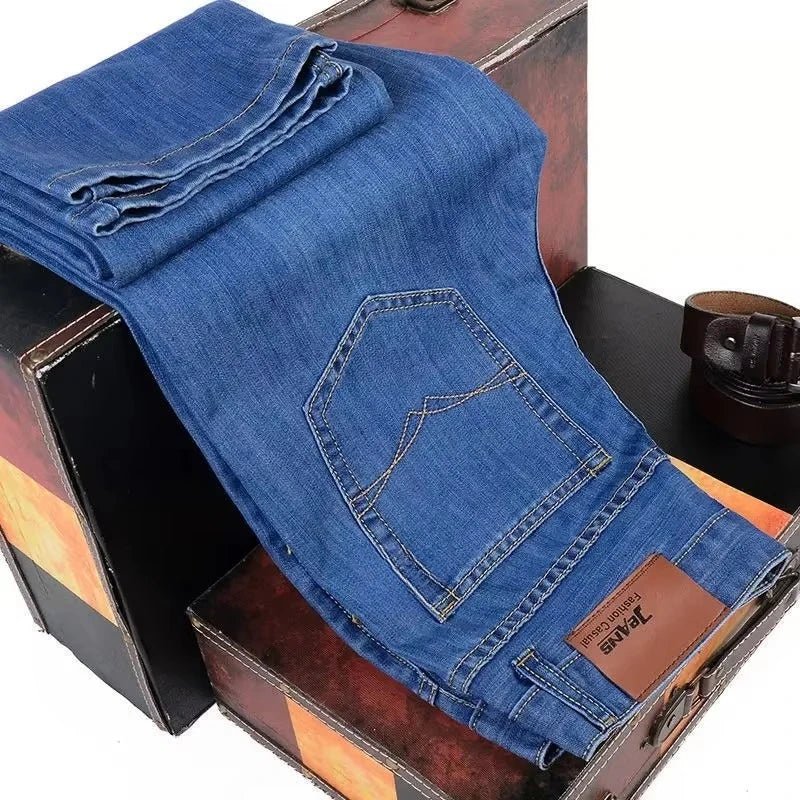 Men's Slim Fit Stretch Business Jeans Classic Casual Denim Pants Black Blue Fashion Trousers - PratSN