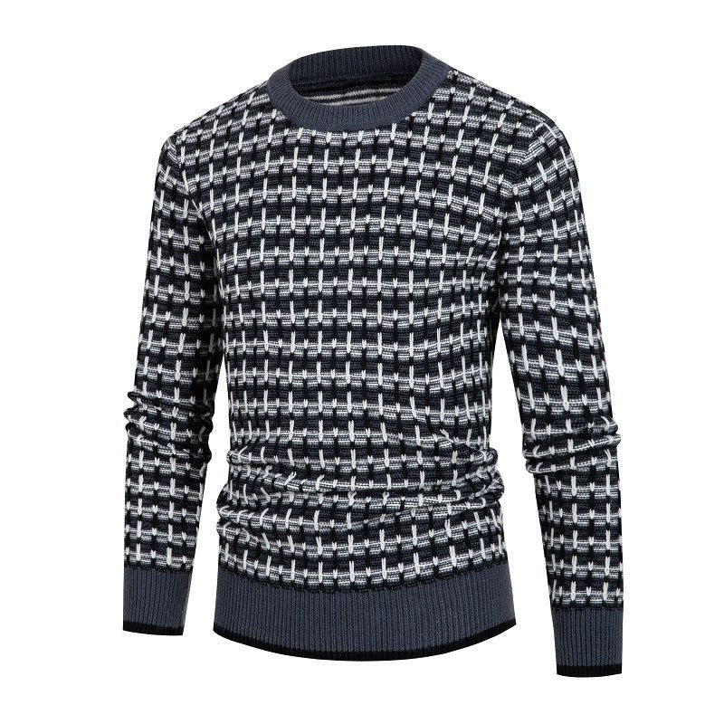 Men's Solid Plaid Pullover Round Neck Sweater Top - PratSN
