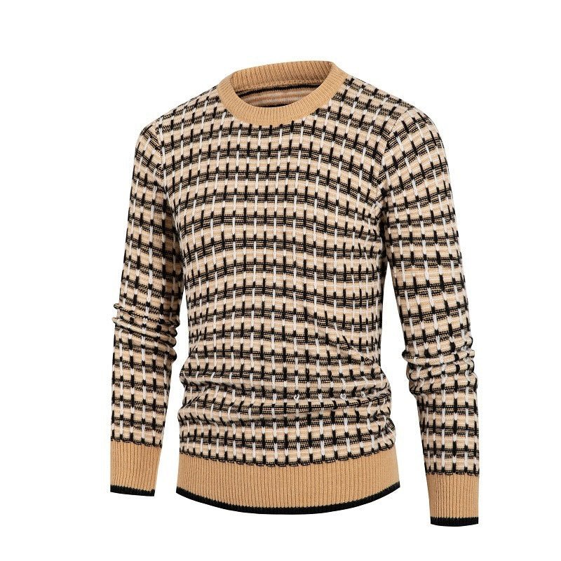Men's Solid Plaid Pullover Round Neck Sweater Top - PratSN