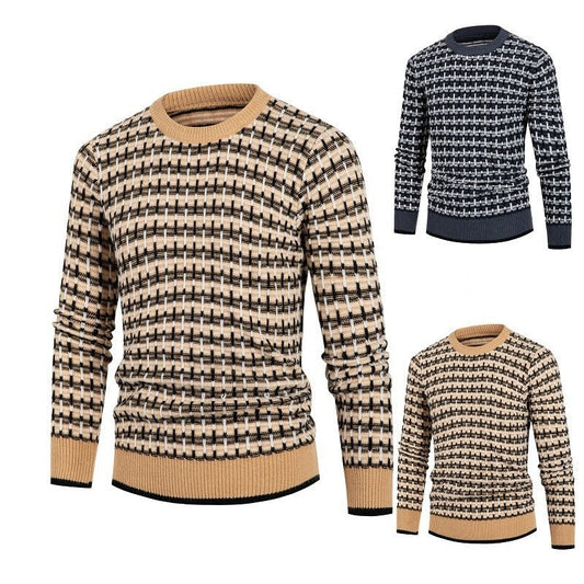 Men's Solid Plaid Pullover Round Neck Sweater Top - PratSN