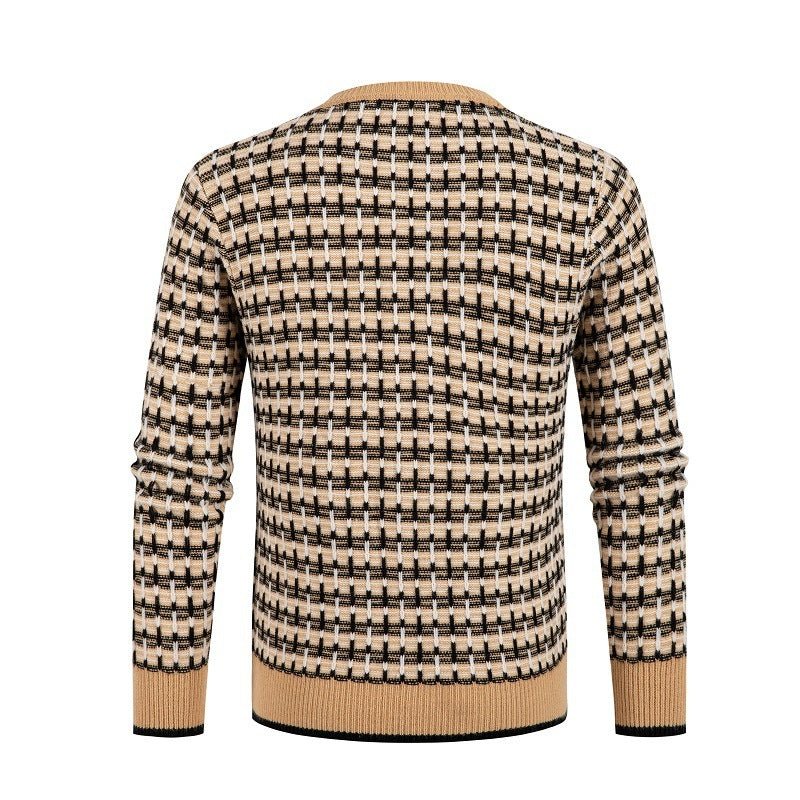 Men's Solid Plaid Pullover Round Neck Sweater Top - PratSN