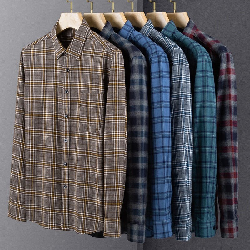 Men's Spring And Autumn Coat Casual Cotton Brushed Plaid Shirt - PratSN