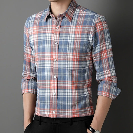 Men's Spring And Autumn Coat Casual Cotton Brushed Plaid Shirt - PratSN