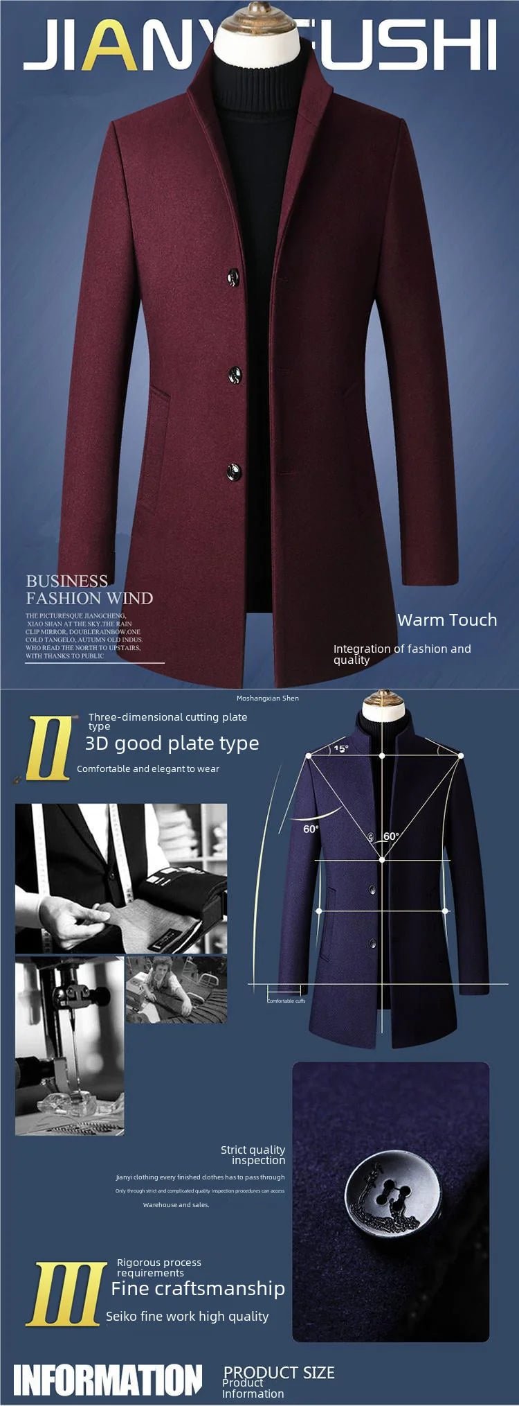 Men's Stand Collar Woolen Overcoat Solid Color Simple Design Medium - length Windbreaker Jacket For Autumn Winter - PratSN