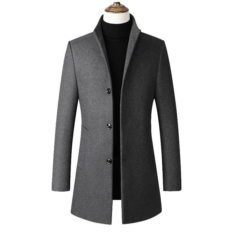 Men's Stand Collar Woolen Overcoat Solid Color Simple Design Medium - length Windbreaker Jacket For Autumn Winter - PratSN