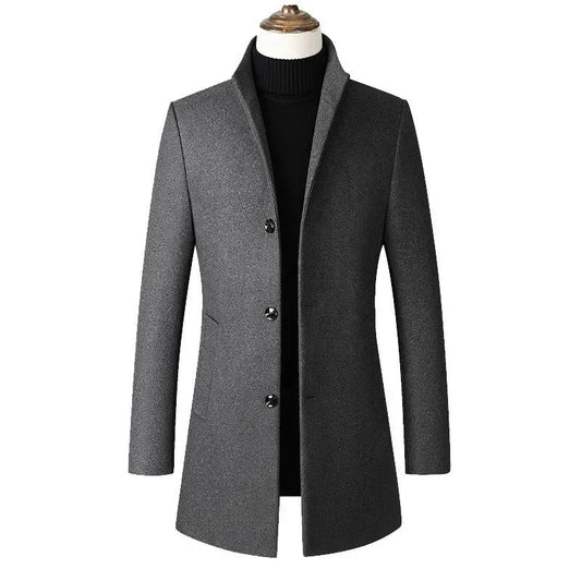 Men's Stand Collar Woolen Overcoat Solid Color Simple Design Medium - length Windbreaker Jacket For Autumn Winter - PratSN