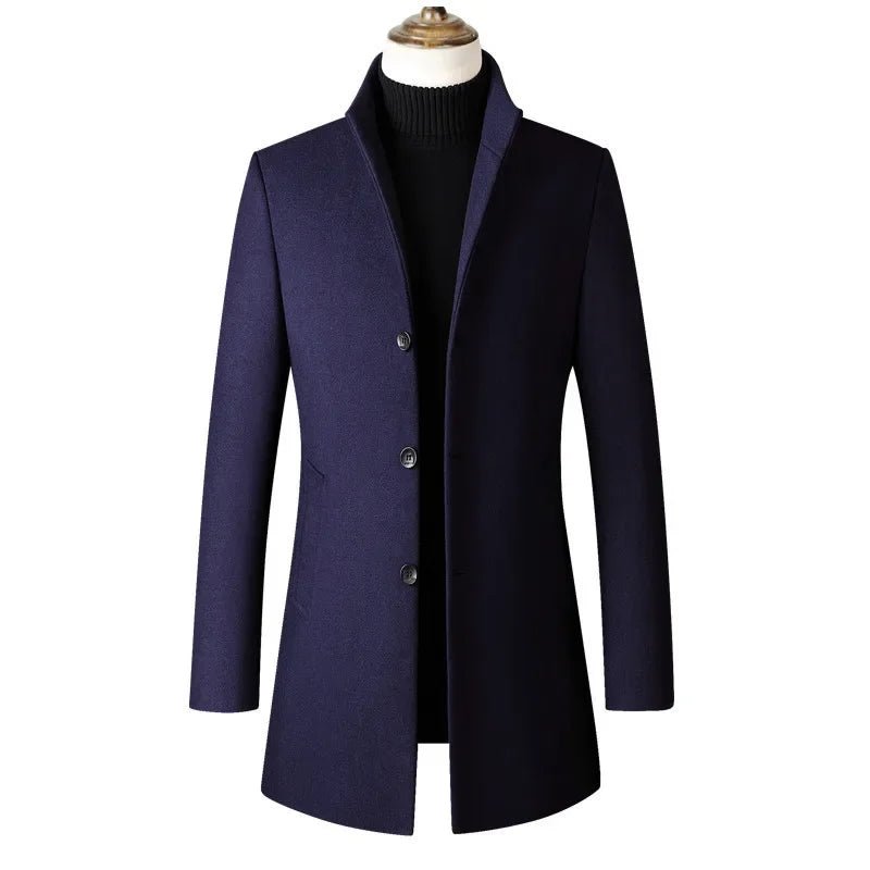 Men's Stand Collar Woolen Overcoat Solid Color Simple Design Medium - length Windbreaker Jacket For Autumn Winter - PratSN