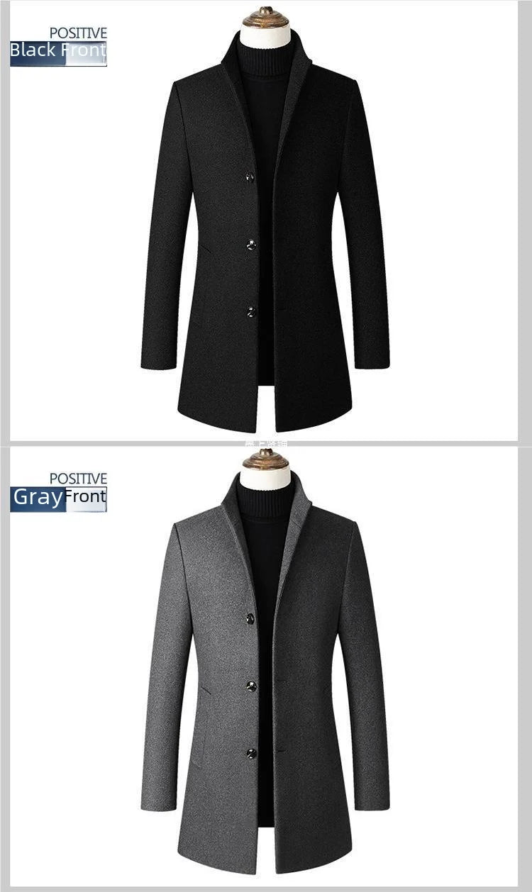 Men's Stand Collar Woolen Overcoat Solid Color Simple Design Medium - length Windbreaker Jacket For Autumn Winter - PratSN