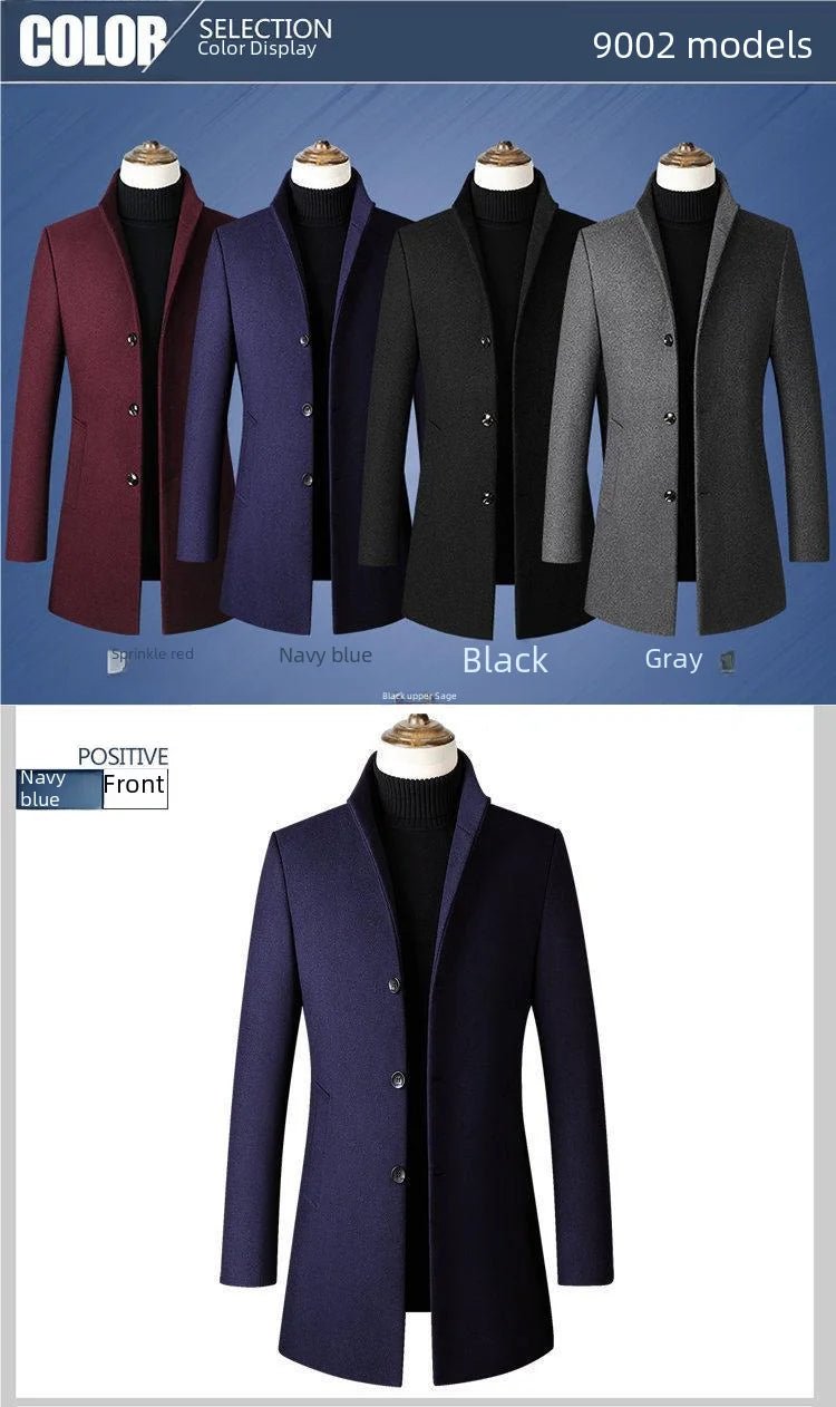 Men's Stand Collar Woolen Overcoat Solid Color Simple Design Medium - length Windbreaker Jacket For Autumn Winter - PratSN