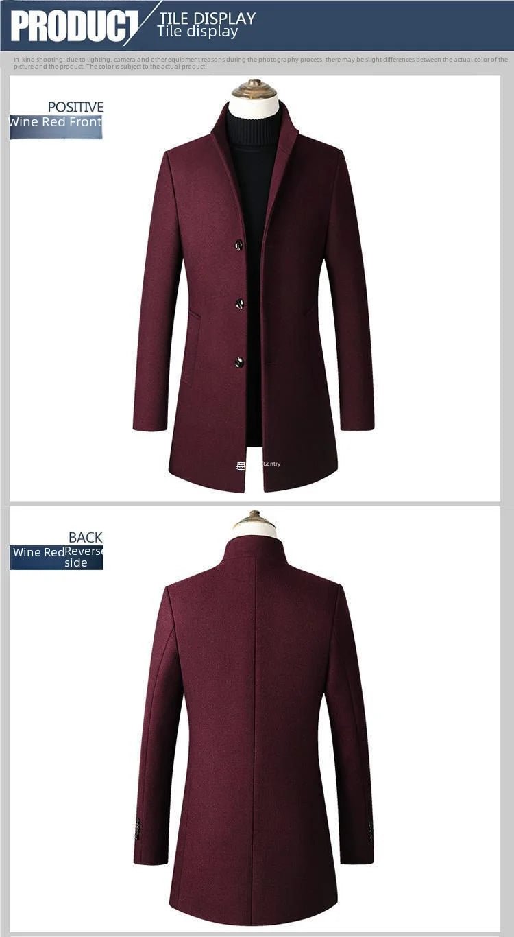 Men's Stand Collar Woolen Overcoat Solid Color Simple Design Medium - length Windbreaker Jacket For Autumn Winter - PratSN